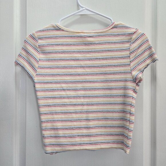 Pink Rose Striped Button-Front Ribbed Short Sleeve Knit Crop Top Size L  Multico - Picture 2 of 5